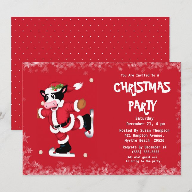 Cute Ice Skating Cow Red Christmas Party   Invitation (Front/Back)
