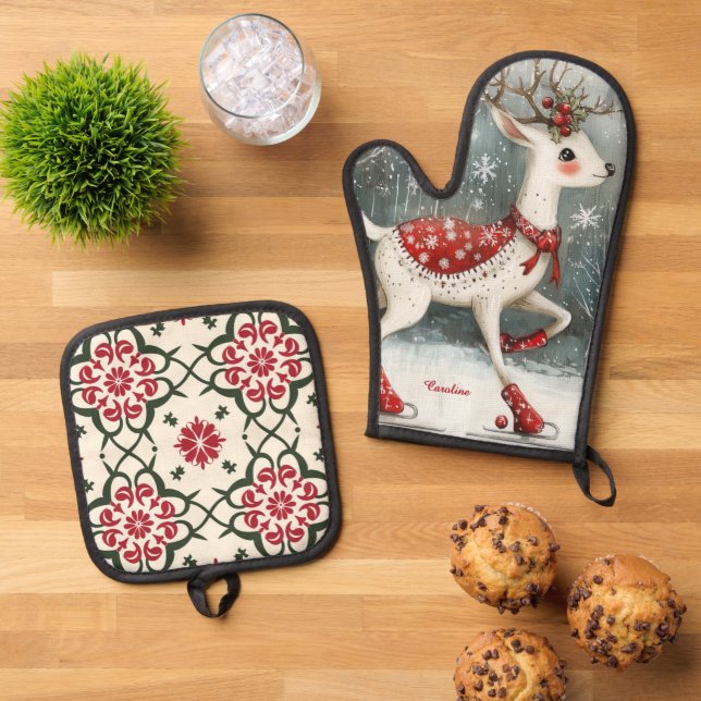 Cute Ice Skating Deer Christmas Oven Mitt & Pot Holder Set (Top Down)