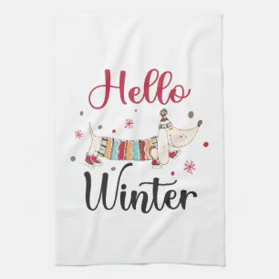 Cute ice skating dog tea towel