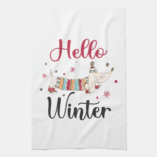 Cute ice skating dog tea towel (Vertical)