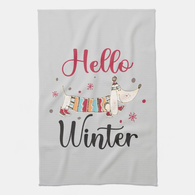 Cute ice skating dog tea towel (Vertical)