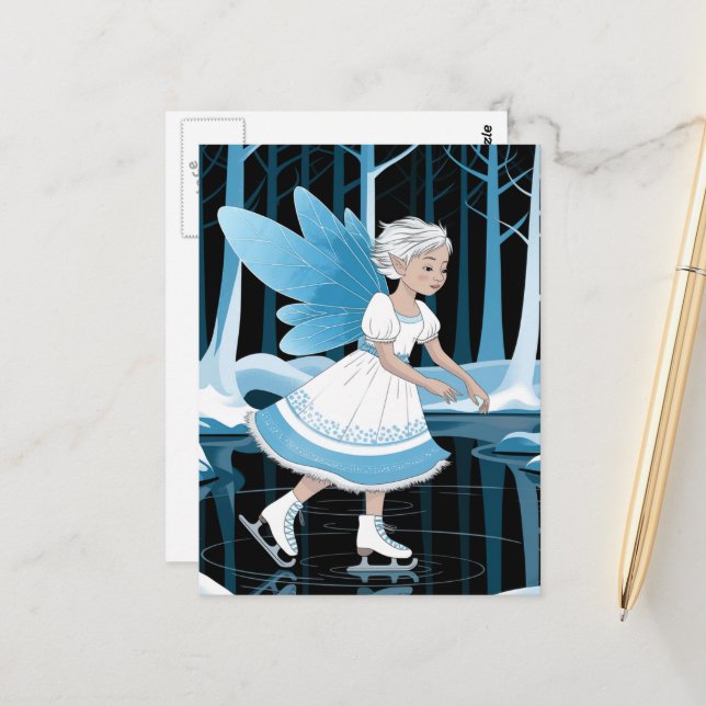 Cute Ice Skating Fairy Icy Winter Pond Postcard (Front/Back In Situ)