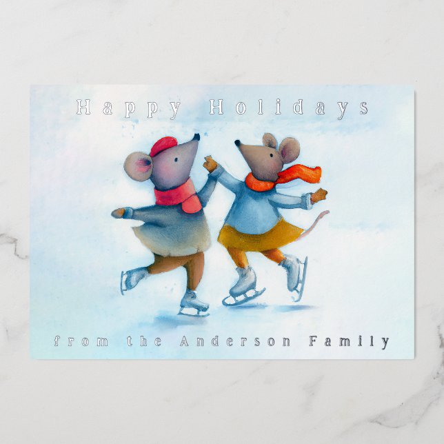 Cute Ice Skating Mice Watercolor Foil Holiday Card (Front)