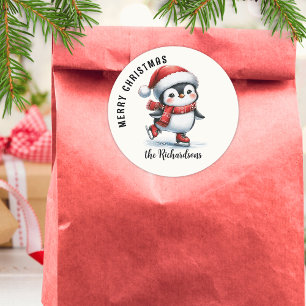 Cute Ice Skating Penguin Custom Merry Christmas Classic Round Sticker