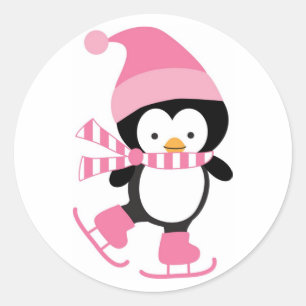 Cute Ice Skating Penguin in Pink Classic Round Sticker