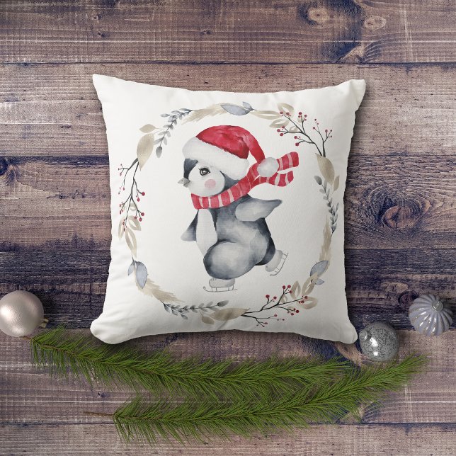 Cute Ice Skating Penguin in Winter Wreath Cushion (Creator Uploaded)