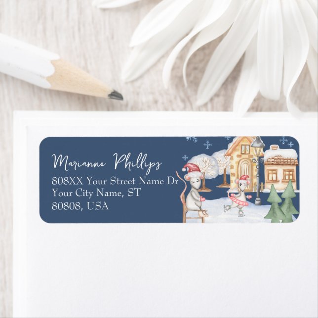 Cute Ice Skating Rats Winter Village Scene on Blue (Insitu)