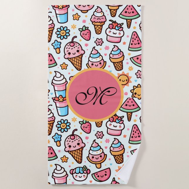 Cute IceCream pattern personalised Monogram summer Beach Towel (Front)