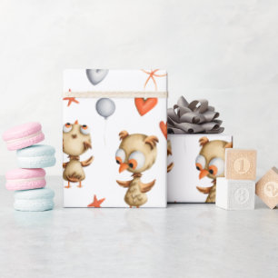 Cute Illustrate Baby Owl Stars and Hearts Pattern  Wrapping Paper