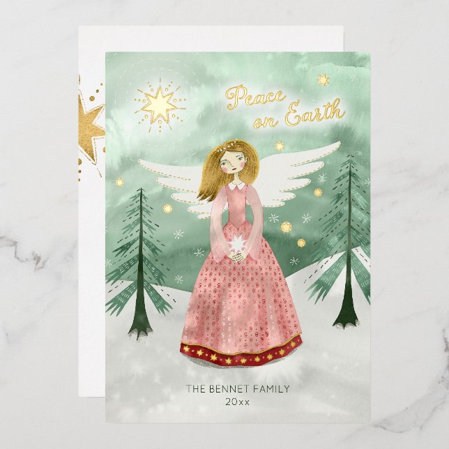 Cute Illustrated Angel Christmas Foil Holiday Card (Front/Back)
