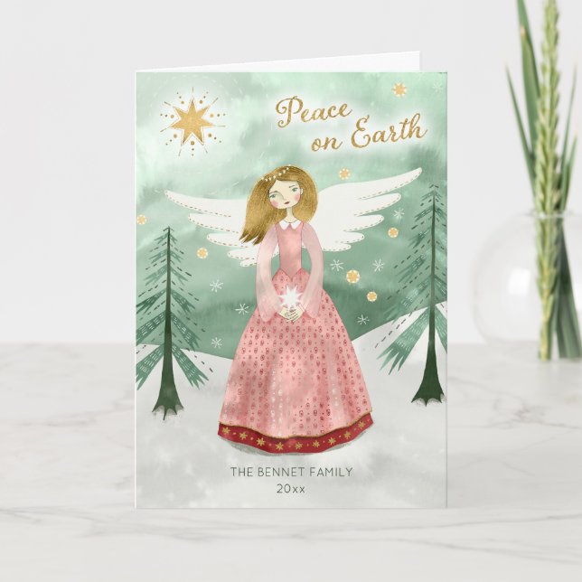 Cute Illustrated Angel Folded Christmas Holiday Card (Front)