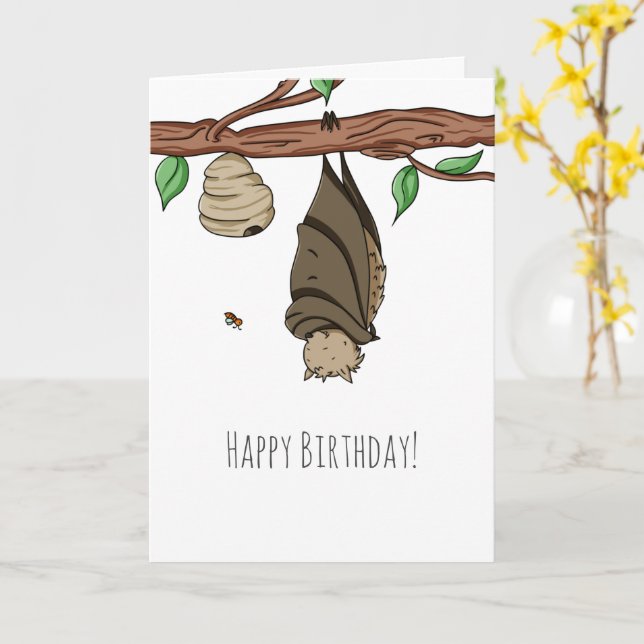 Cute Illustrated Bat Sleeping Happy Birthday Card (Yellow Flower)