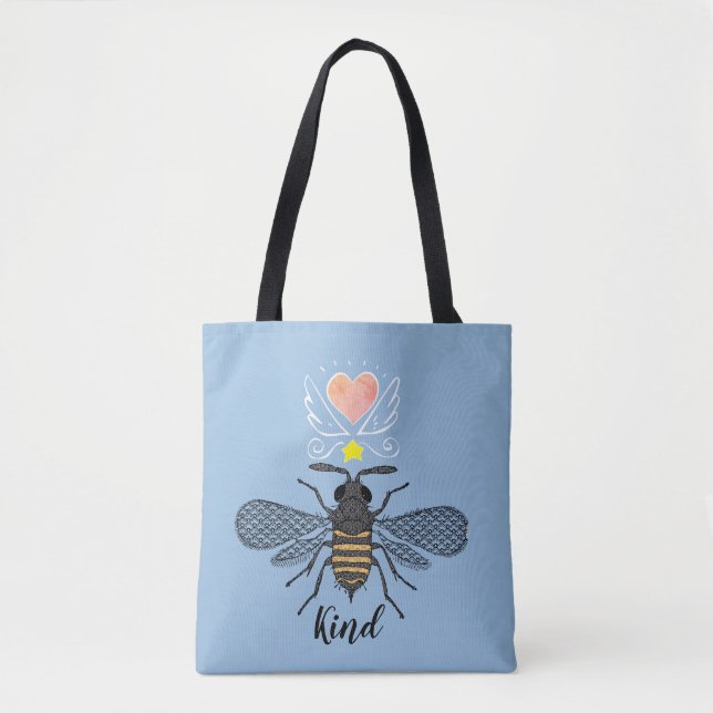 Cute Illustrated Bumble Bee Kind Black Gold Blue Tote Bag (Front)