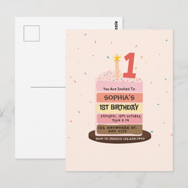 Cute illustrated cake sweet one 1st Birthday Party Postcard (Front/Back)