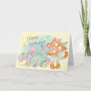 Cute Illustrated Cat and Mouse Happy Birthday Card