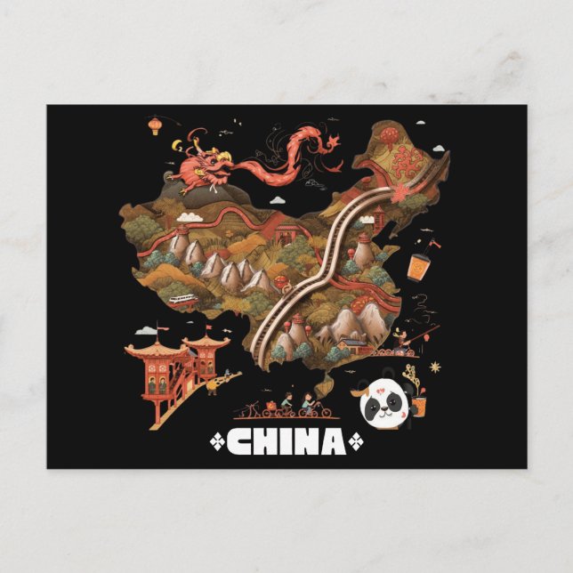 Cute Illustrated China Map with Dragon and Panda Postcard (Front)
