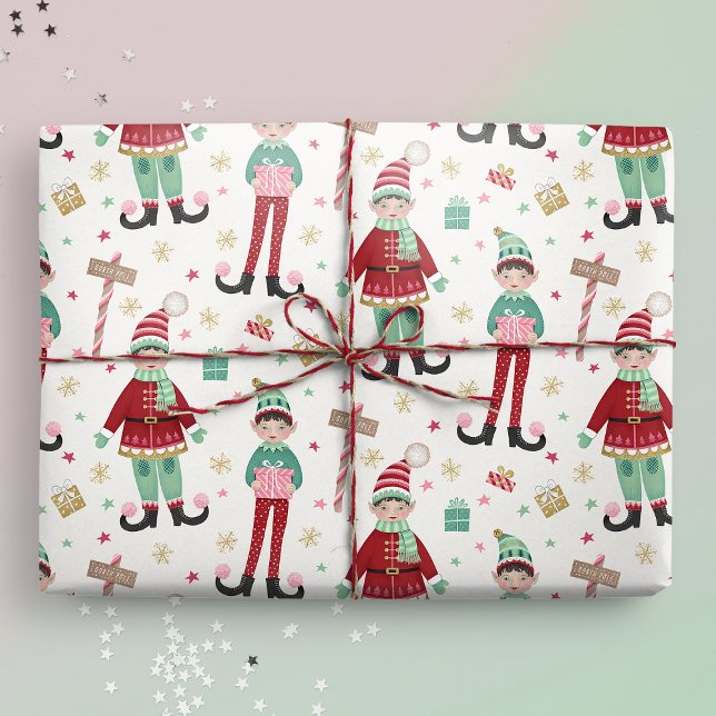Cute Illustrated Christmas Elf Wrapping Paper (Christmas Elf wrapping paper mockup)