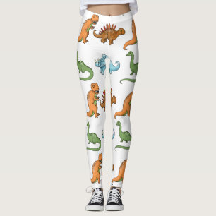Cute Illustrated Dinosaurs Over White Pattern Leggings