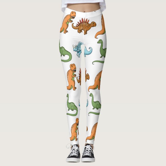 Cute Illustrated Dinosaurs Over White Pattern Leggings (Front)
