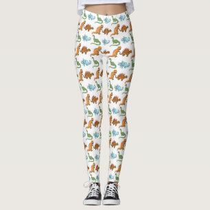 Cute Illustrated Dinosaurs Over White Pattern Leggings