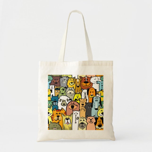 Cute illustrated dog and cats tote bag (Front)