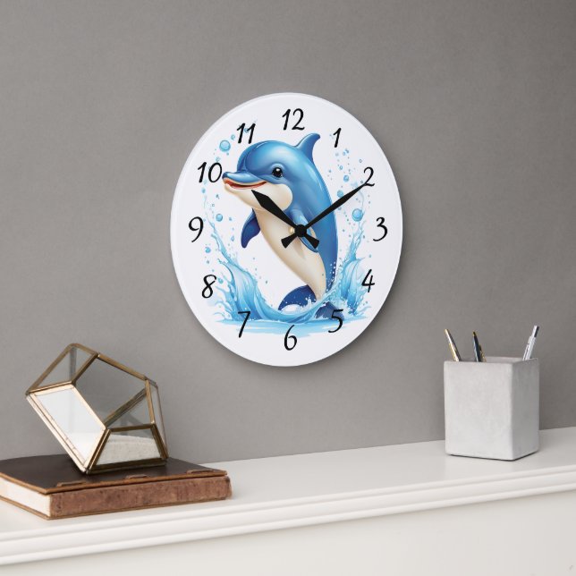 Cute Illustrated Dolphin Large Clock (Office)