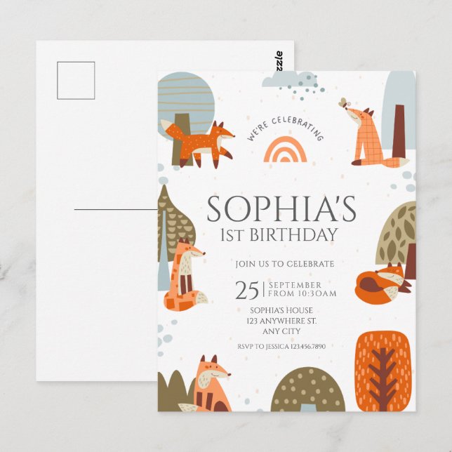 Cute illustrated Fox Forest animal first birthday Postcard (Front/Back)