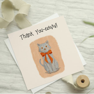 Cute Illustrated Grey Cat With Bow  Thank You Card