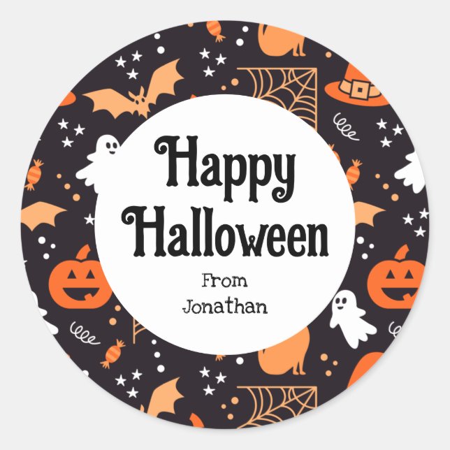Cute Illustrated halloween characters on black bg Classic Round Sticker (Front)