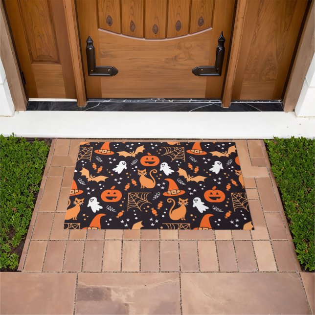 Cute Illustrated halloween characters on black bg Doormat (Outdoor)