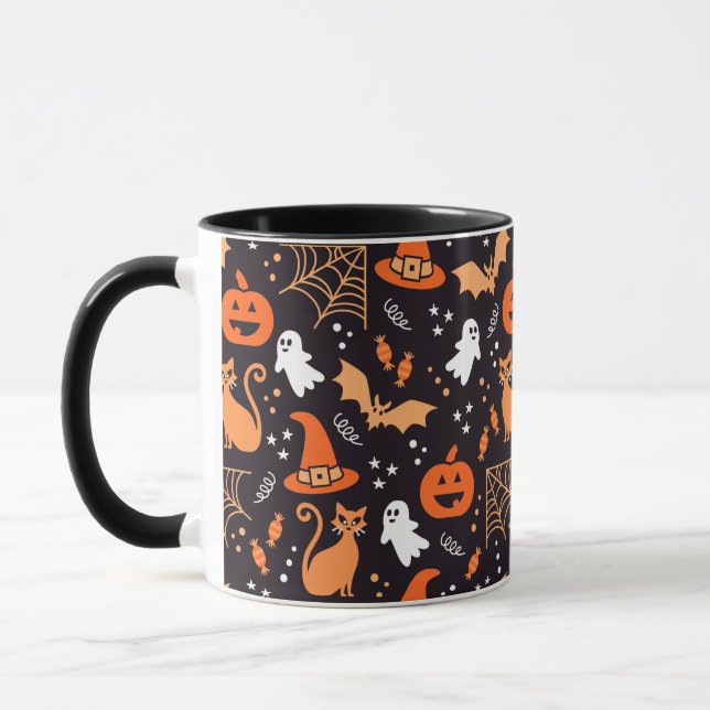 Cute Illustrated halloween characters on black bg Mug (Left)