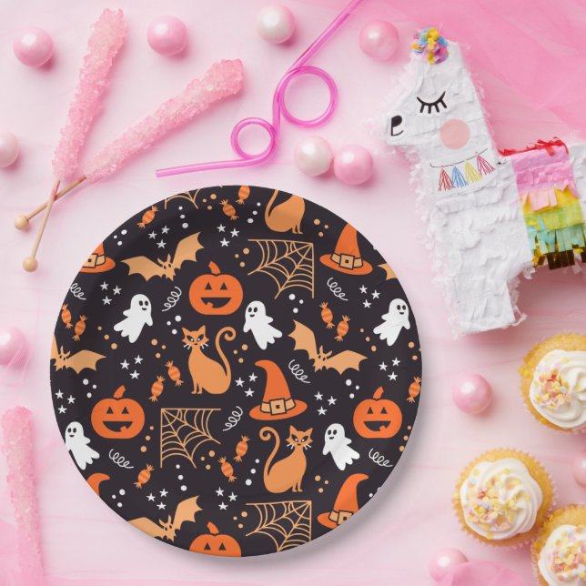 Cute Illustrated halloween characters on black bg Paper Plate (Party)