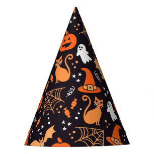Cute Illustrated halloween characters on black bg Party Hat