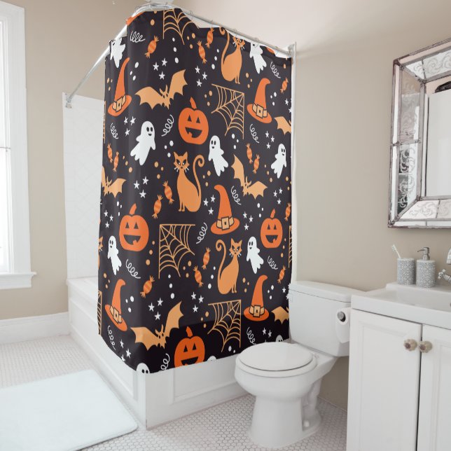 Cute Illustrated halloween characters on black bg Shower Curtain (In Situ)