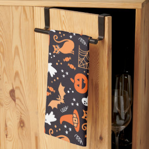 Cute Illustrated halloween characters on black bg Tea Towel