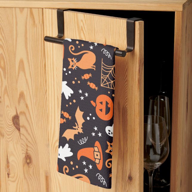 Cute Illustrated halloween characters on black bg Tea Towel (Thirds Fold)