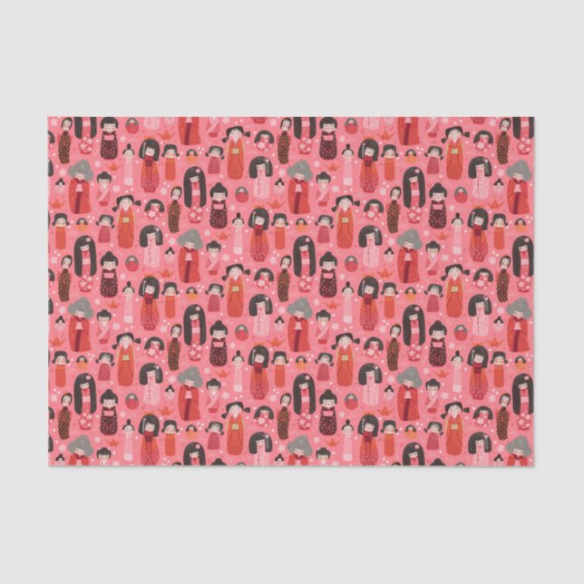 Cute Illustrated Japanese Kokeshi Pink Tissue Paper (Front)