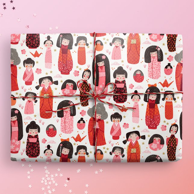 Cute Illustrated Japanese Kokeshi Wrapping Paper (Kokeshi gift mockup)