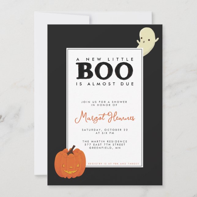 Cute, illustrated Little Boo ghost & pumpkin Baby Invitation (Front)