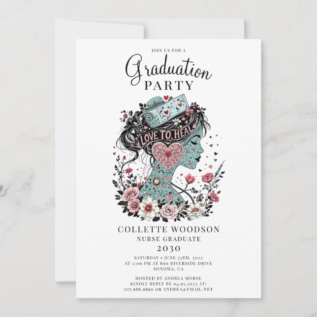Cute Illustrated Nurse Floral Graduation Invitation (Front)