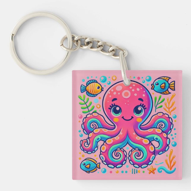 Cute Illustrated Octopus with Colourful Fishes Key Ring (Front)