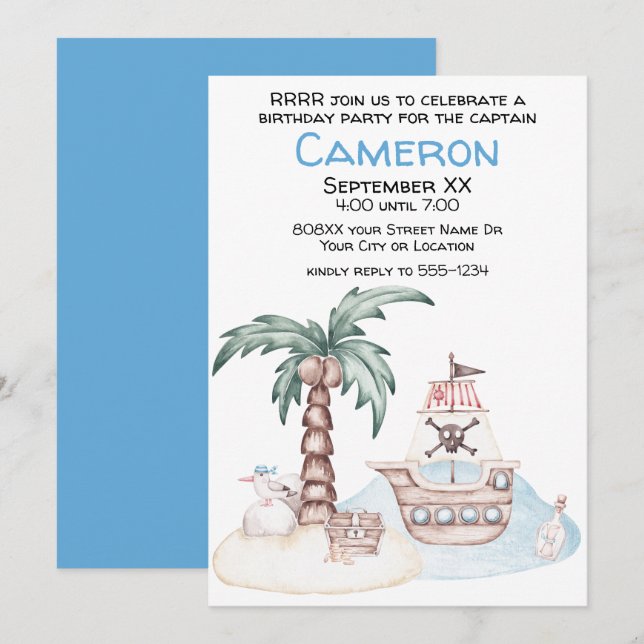 Cute Illustrated Pirate Party Invitation (Front/Back)