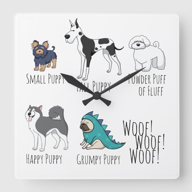Cute Illustrated Puppy Dogs Poem Dotty Square Wall Clock (Front)