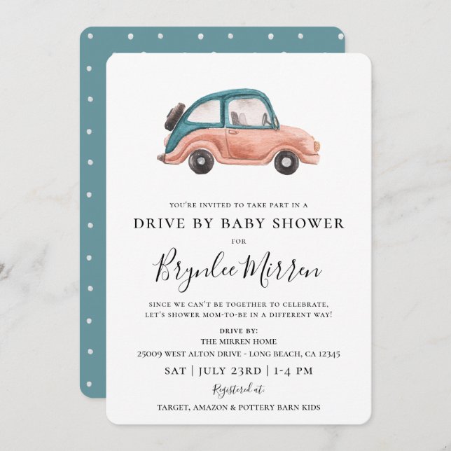 Cute Illustrated Retro Car Drive By Baby Shower Invitation (Front/Back)
