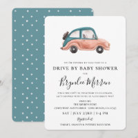 Cute Illustrated Retro Car Drive By Baby Shower