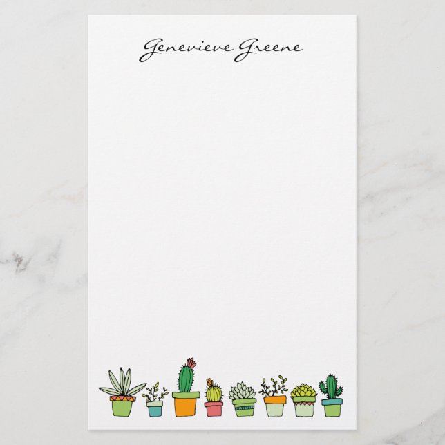 Cute Illustrated Succulent Monogram Stationery (Front)