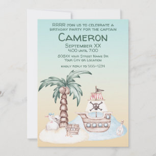 Cute Illustrated Sunset Pirate Party Invitation