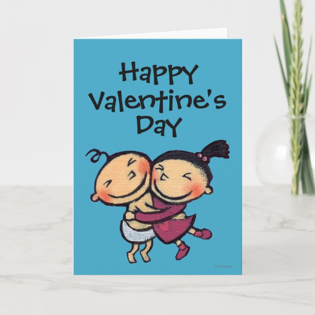 Cute Illustrated Toddlers Hugging Holiday Card (Front)