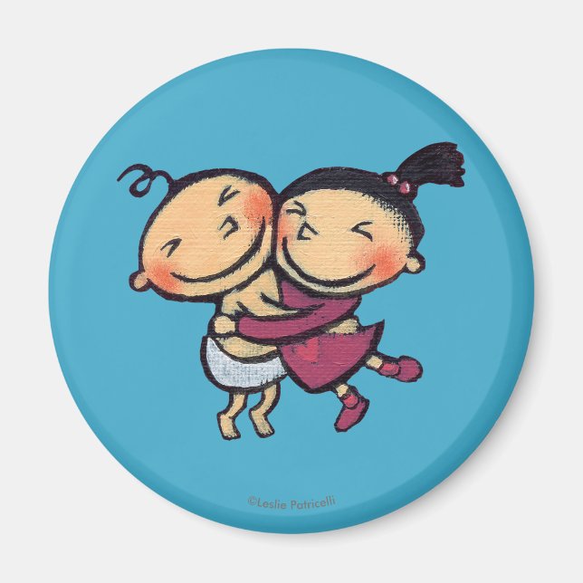 Cute Illustrated Toddlers Hugging Magnet (Front)
