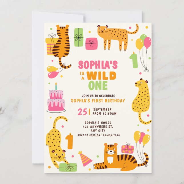 Cute illustrated wild animals first birthday invitation (Front)